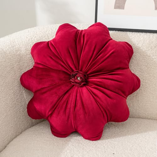 Flower Pillow Cushion Round Decorative Throw Pillows 15.7 Inch Velvet Flower Shaped Pillow Floral Cushion for Sofa, Couch, Vanity Chair, Bed (Red) - color: Red