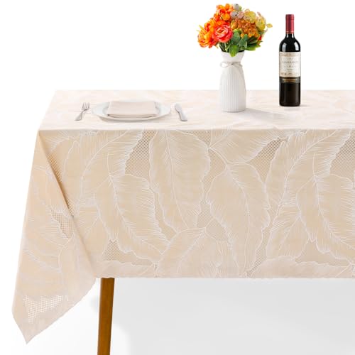 Waterproof Lace PVC Vinyl Rectangle Tablecloth, 54x70 Inch | Heavy duty,stain resistant,wipeable,reusable,fits 4-6 person tables,for kitchen,outdoor,party,dining room,camping,picnic - color: Plant Leaf Pattern, size: 70" x 54" (Rectangular)