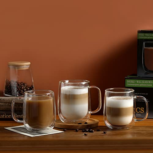 CNGLASS Glass Coffee Mugs 12oz,Double Wall Insulated Mug Set with Handle,Clear Glass Espresso Mugs for Latte,Cappuccino,Tea Bag,Hot and Cold Beverages,Set of 2 - color: 12oz(2-pack)