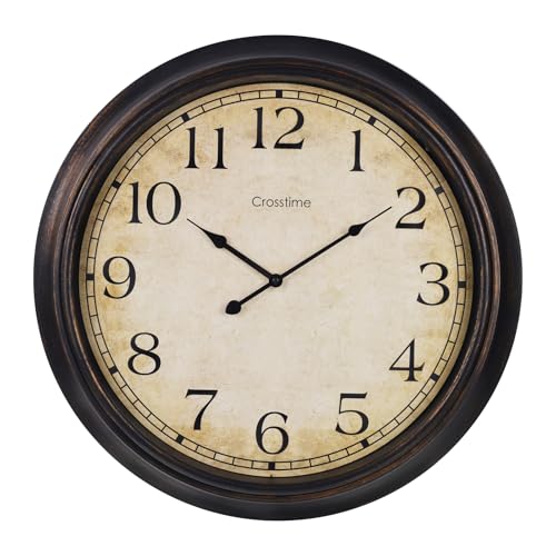 Crosstime 24 Inch Wall Clock Battery Operated Silent Round Vintage Large Wall Clocks for Living Room Farmhouse Decor, Black-Brown - color: 24 Bronze