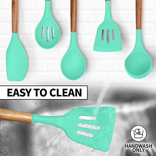 Zulay Kitchen 5 Piece Silicone Utensil Set | Non-Stick Silicone Cooking Utensils Set with Acacia Wood Handles - 464°F Heat Resistance Kitchen Utensils Set - Mint - color: Mint, size: 5-Piece Set