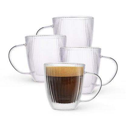 Jayour Fluted Double-Wall Glass Coffee Mugs | 15oz Latte & Cappuccino Mugs | Modern Ribbed Design - Set of 4