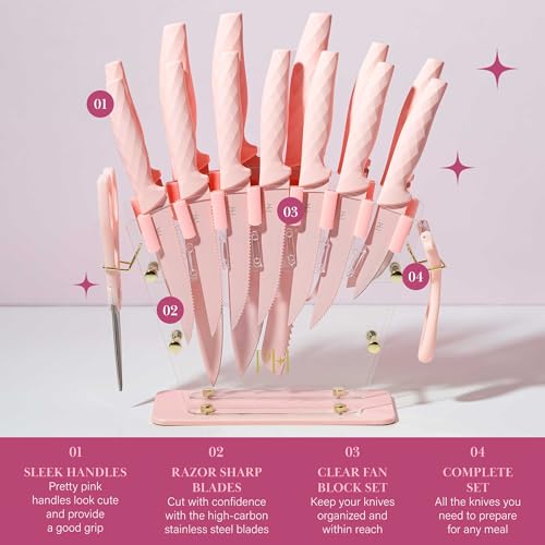 Paris Hilton Knife Block Set with Fan Style Clear Acrylic Knife Block, Premium Stainless Steel Blades with Nonstick Coating, Comfort Grip Handles, 16-Piece Set, Pink and Gold