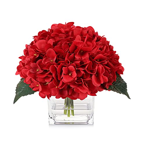Silk Red Hydrangea Artificial Flowers in Vase with Faux Water, Faux Floral Arrangements in Vase for Home Decor, Wedding Table (Red) - color: Red