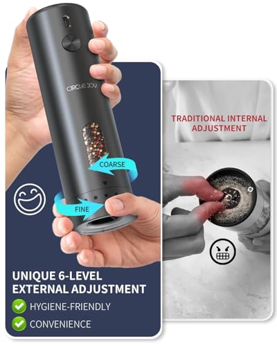 CIRCLE JOY Rechargeable Electric Salt and Pepper Grinder Set with Base, Automatic Pepper Mills with 110ml Container, External Adjustable Coarseness, White Led Light and One-Handed Operation, Black - color: Upgrade Black