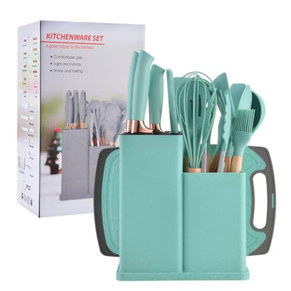 19 Pieces Kitchen Utensils and Knife Set with Block, Inldued 9 Pieces Silicone Cooking Utensils Set 5 Pieces Sharp Stainless Steel Chef Knives Scissors Whisk Tongs and Cutting Board (Black) - color: Black