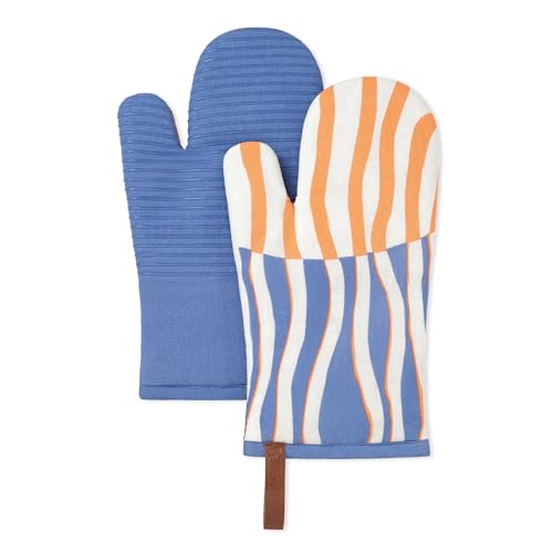Folkulture Oven Gloves, Oven Mitts with Hanging Loop - Set of 2 (12"x5.5") | Cute, Striped, 100% Cotton, Silicone, Heat Resistant, Light Blue, Cooking Gifts for Women, BBQ, Baking, Kitchen Décor - color: Seasway