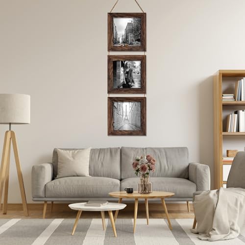 4X4 Picture Frame, Wall Hanging Picture Frames Collage with 3 Opening Frames Distress Rustic Brown - color: Brown, size: 4x4