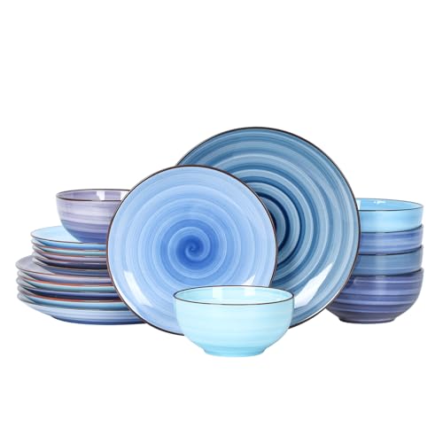 Selamica Ceramic Dinnerware Sets for 6, 18 Pieces Plates and Bowls Set, Scratch Resistant Dishes Set, Handpainted Swirl with Spot Dishwasher & Microwave Safe, Gradient Blue - color: Gradient Blue, size: 18 Pieces