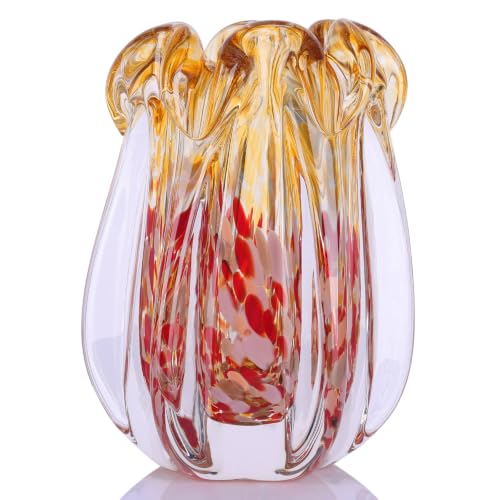 Hand Blown Glass Vase, 7.6 Inch Pink and Amber Gradient Art Glass Vase with Unique Wavy Rim Design, Handmade Decorative Flower Vase for Living Room Table Centerpiece, Home Decor Gift - color: S-amber