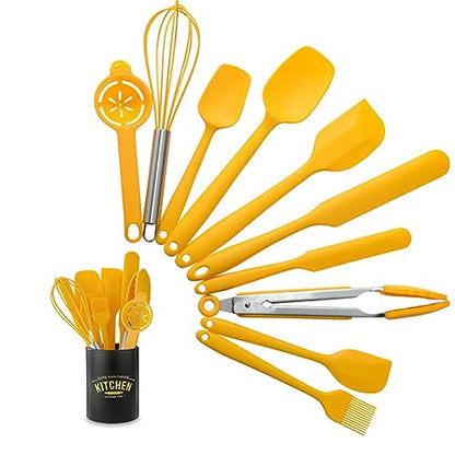 11pcs/set Yellow Silicone Spatulas Set, Rubber Nonstick Baking Utensils Set Kitchen Gadgets Tools Set, Seamless One Pieces Design for Cooking, Baking and Mixing. - color: Yellow Baking Utensils Set