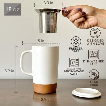 Mora Ceramics Large Tea Mug with Loose Leaf Infuser and Ceramic Lid, 18 oz, Portable, Microwave and Dishwasher Safe, Tall Coffee Cup - Rustic Matte Ceramic Glaze, Modern Herbal Tea Strainer, Cotton - color: Cotton White
