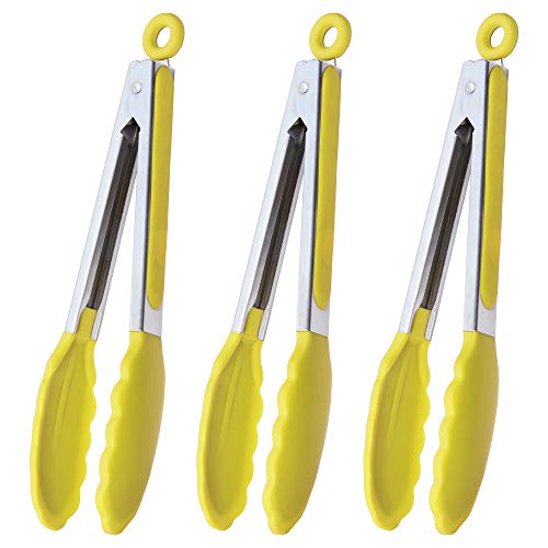 HINMAY Silicone Tipped Tongs 9" Kitchen Cooking Tongs, Set of 3 (Yellow) - color: Yellow