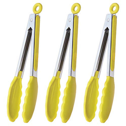 HINMAY Silicone Tipped Tongs 9" Kitchen Cooking Tongs, Set of 3 (Yellow) - color: Yellow
