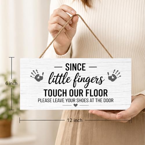 Since Little Fingers Touch Our Floor Please Take Your Shoes Off Welcome Wooden Hanging Sign for Outdoor - color: Pink