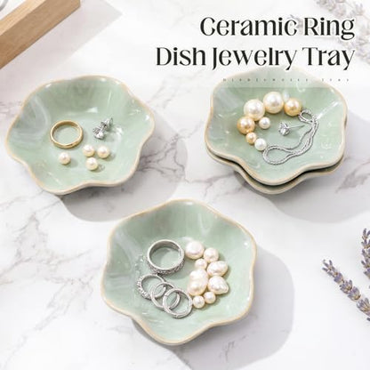 4 Pack Small Jewelry Dish Trinket Holder Tray for Rings Earrings Key Bowl Women Mother's Day Wedding Gift (Green,Ceramic) - color: Green, style: Ceramic