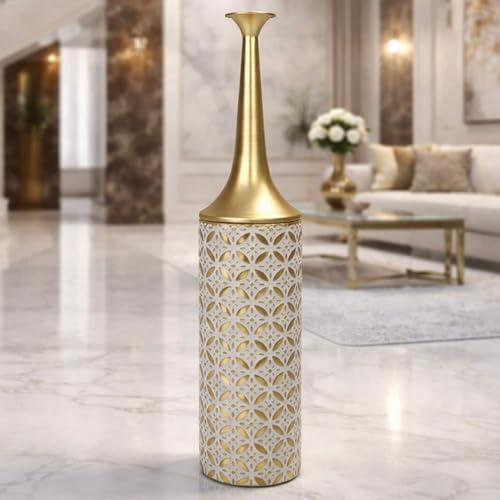 Leewadee Large Floor Vase 26 inches Metal for Pampas Grass, Dried Flowers | Decor Vase for the Living Room, ready for Pampas & Branches. Shatterproof, no shards, modern & industrial - color: Gold, White