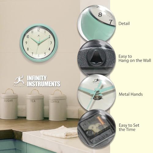 Infinity Instruments Retro Round Metal Wall Clock, Pastel Green, 9.5" - color: Pastel Green, size: 9.5 Inch