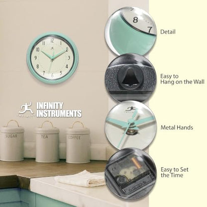 Infinity Instruments Retro Round Metal Wall Clock, Pastel Green, 9.5" - color: Pastel Green, size: 9.5 Inch