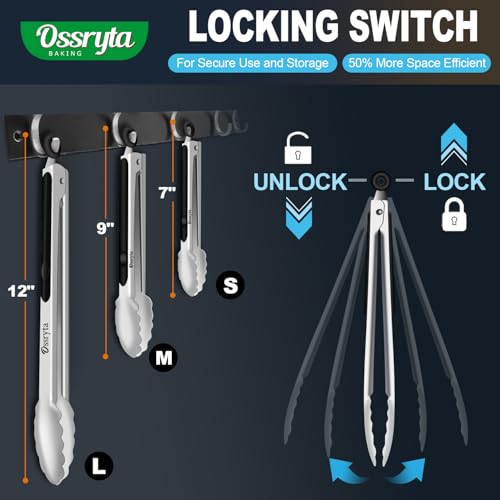 Stainless Steel Cooking Tongs Set of 3 - Heavy Duty 12/9/7 Inch Locking Tongs, Heat Resistant to 600 Degrees, Food Grade Kitchen Metal Tong for Food, Salad, & BBQ - Dishwasher Safe - color: Silver 3 Pieces, size: 7+9+12 inch