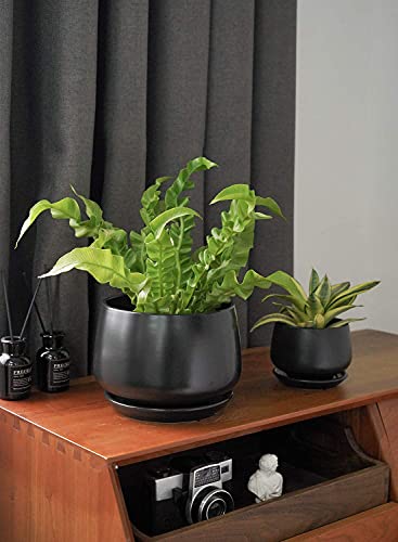 LE TAUCI Plant Pots, 4.1+5.1+6.5 inch, Set of 3, Ceramic Planters with Drainage Hole and Saucer, Indoor Flower Pot with Hole Mesh Pad, Gifts for Mom, Black - color: Black
