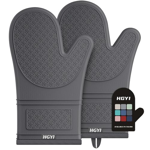 Silicone Oven Mitts, Heat Resistant Oven Gloves with Quilted Liner, Waterproof & Non-Slip Kitchen Mittens for Baking Cooking BBQ, 500°F, 12.5"-Deep Gary - color: Deep Gary