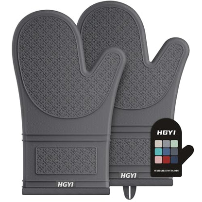 Silicone Oven Mitts, Heat Resistant Oven Gloves with Quilted Liner, Waterproof & Non-Slip Kitchen Mittens for Baking Cooking BBQ, 500°F, 12.5"-Deep Gary - color: Deep Gary