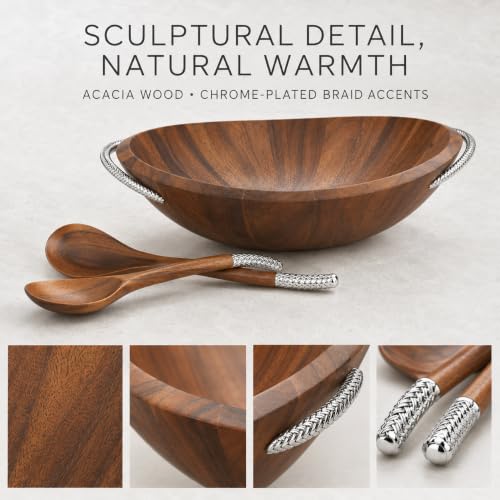 nambe Braid Salad Bowl with Servers | 3-Piece Set | Large Wooden Serving Bowl for Caesar Salad, Large Salads | Big Salad Bowl with Serving Utensils | Made of Chrome & Acacia Wood (20” L x 16” W)