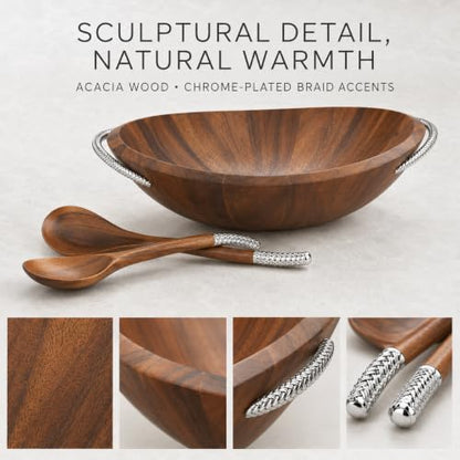 nambe Braid Salad Bowl with Servers | 3-Piece Set | Large Wooden Serving Bowl for Caesar Salad, Large Salads | Big Salad Bowl with Serving Utensils | Made of Chrome & Acacia Wood (20” L x 16” W)