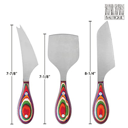 Totally Bamboo Baltique Marrakesh Collection 3-Piece Cheese Knife Set, Stainless Steel Cheese Knives with Colorful Wooden Handles for Charcuterie Boards