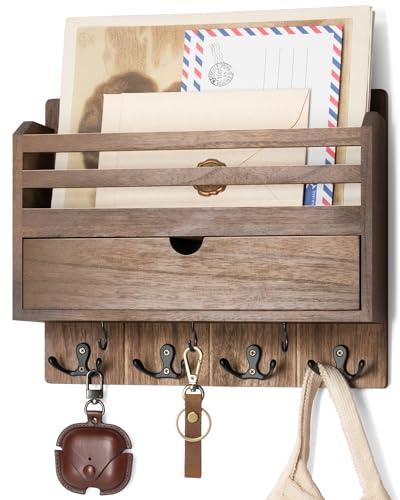 Rebee Vision Mail Organizer Wall Mount with Hooks for Entryway, Retro Brown | Key and Mail Holder for Wall, Storage Drawer, 7 Key Hooks, Mail Organizer, Rustic Home Decor, Office and Garage Organization - color: Retro Brown