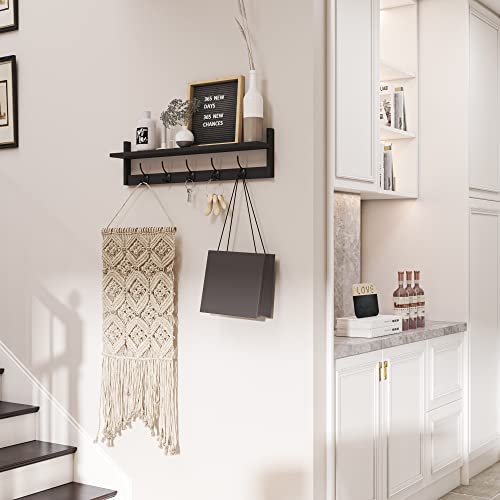AMBIRD Wall Hooks with Shelf Entryway Hanging Wood Coat Hooks with Shelf Wall-Mounted Coat Hook Rack with 5 Dual Hooks for Bathroom, Living Room, Bedroom (Stylish Black) - size: 28.9inch, style: Stylish