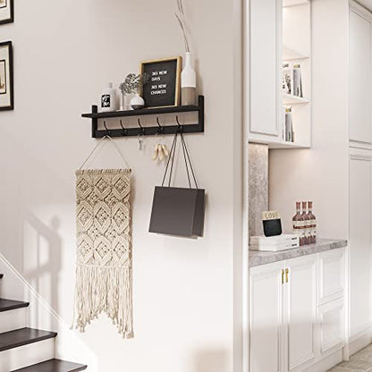 AMBIRD Wall Hooks with Shelf Entryway Hanging Wood Coat Hooks with Shelf Wall-Mounted Coat Hook Rack with 5 Dual Hooks for Bathroom, Living Room, Bedroom (Stylish Black) - size: 28.9inch, style: Stylish