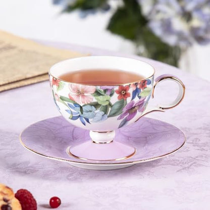 KAMMAK Tea Cups Set of 2,Ceramic Floral Pattern Demitasse Cup | Porcelain Espresso Cup with Saucer, 6.52 oz Handmade Elegant Bone China Tea Cups for Latte, Americano, Cappuccino - color: Lightly Dancing (Green + Purple)