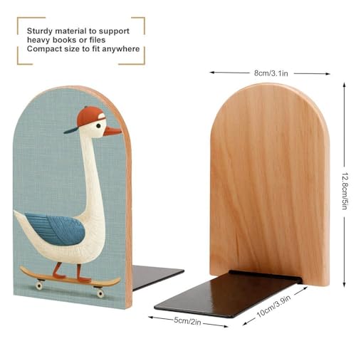 Wooden Bookends Shelves 2 PCS Cute Goose on A Skateboard Sturdy Book Holders Desktop Organizer for Home Office Libraries
