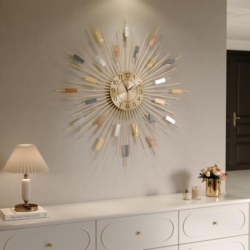 Cuspin Large Gold Wall Clock 30 Inch Clocks for Living Room Decor, Mid Century Modern Colorful Sunburst Design, Decorative Battery Operated Wall Clock for Dining Room, Bedroom, Office - color: Multicolor Sunburst, size: Large