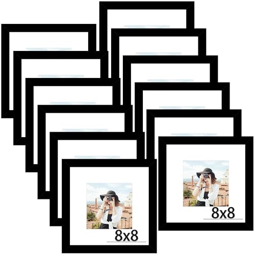 8x8 Picture Frame Set of 12, Modern Gallery Wall Frames, Black | Fits 5x5 With Mat or 8x8 Without Mat, Shatterproof Cover, Horizontal or Vertical Wall Mounting, Tabletop, Photo Collage - color: Black, size: 8x8