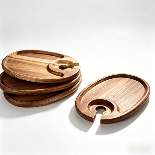 6-Piece Acacia Wood Wine Appetizer Plate Set with Wine Glass Slot 9 x 6 x 0.5 Inch Individual Charcuterie Boards Mini Cheese Board and Snack Tray for Parties Gifts