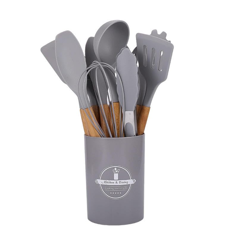 Silicone Kitchen Utensil Set – 12 Piece Heat Resistant 446°F Cooking Utensils for Nonstick Cookware, Spatula Turner Tongs Spoon Brush Whisk, BPA Free Kitchen Gadgets (Black) (Gray) - color: Gray