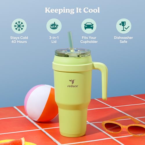 REDUCE 40 oz Stainless Steel Tumbler with Handle - Dual-Wall Vacuum Insulated Travel Mug, Sweat-Proof Lid & Reusable Straw - Keeps Drinks Cold for 24 Hrs, Fits Cupholders, Dishwasher Safe - Daiquiri - color: Daiquiri, size: 40 Ounces