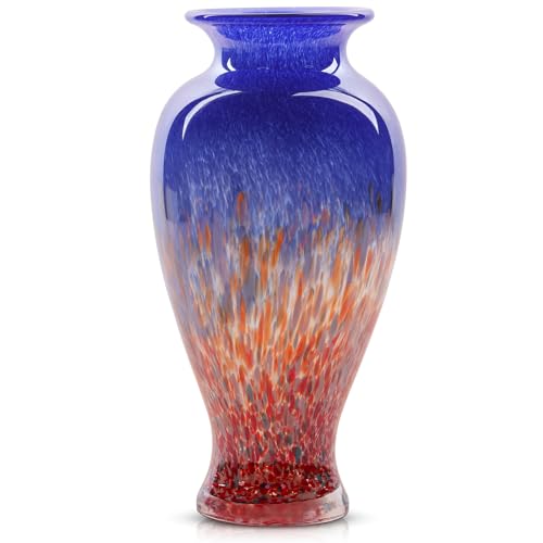 11.8" Tall Glass Vase Beautiful Hand Blown Glass Vase Modern Art Home Decor, Wide Mouth Colorful Vases for Mantle Dining Table Centerpiece, Entryway Living Room Wedding Decoration (Blue) - color: Blue