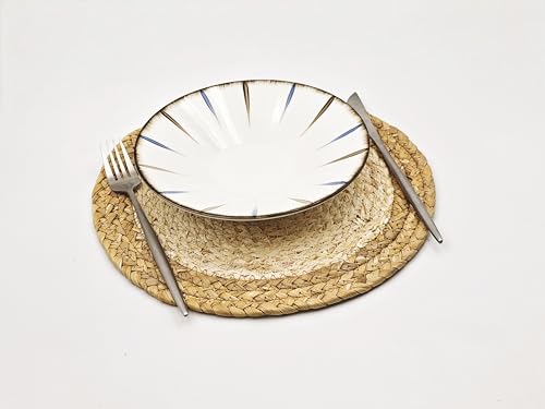 Woven Placemats Set of 6, 11.8 Inch Round Table Mats, Farmhouse Boho Placemats for Rustic Home Decor, Braided Natural Corn Husk & Water Hyacinth, Stylish for Dining, Parties