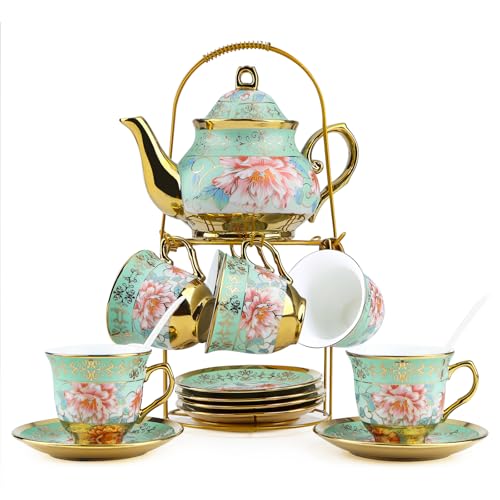 20Pcs Porcelain Tea Set with Metal Stand,European Vintage Tea Set for Adult | Ceramic Tea Cup and Saucer Set for 6 People,Tea Gift Set with Floral Teapot,Spoons for Wedding,Afternoon Tea Party(Green) - color: Green