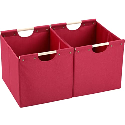 HOONEX Large Collapsible Storage Bins, Linen Fabric, Pack of 2, Storage Baskets with Wooden Carry Handles and Sturdy Heavy Cardboard, for Home, Office, Car, Nursery, Red - color: Red