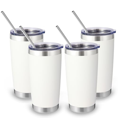 Volhoply 20oz Stainless Steel Tumbler with Lid and Straw Bulk 4 Pack,Double Wall Insulated Travel Iced Coffee Mug Fits Cup holder,Powder Coated Cups for Hot/Cold Drinks,Christmas Gifts（White,4 Set） - color: White