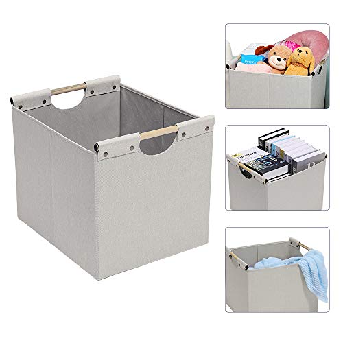 HOONEX Large Foldable Storage Bins, Linen Fabric, 2 Pack, with Wooden Carry Handles and Sturdy Heavy Cardboard, for Home, Office, Car, Nursery, Beige - color: Beige