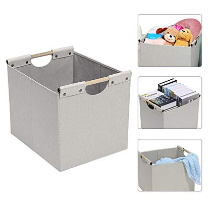 HOONEX Large Foldable Storage Bins, Linen Fabric, 2 Pack, with Wooden Carry Handles and Sturdy Heavy Cardboard, for Home, Office, Car, Nursery, Beige - color: Beige