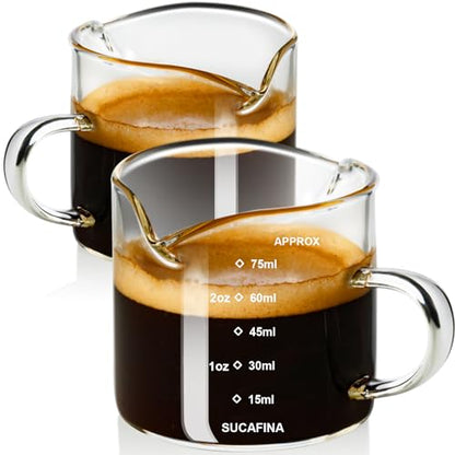 PARACITY Espresso Cup with Handle set of 2, Double Spout Glass Measuring Cup with Dual Scale, Espresso Shot Glass with V-Shaped Mouth, Clear Glass Milk Frothing Pitcher, Espresso Accessories | Dual ounce and milliliter scales, V-shaped mouths and glass ha