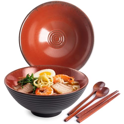 Ceramic Japanese Ramen Bowl Set, 2 Sets Asian Pho Udon Soup Noodle Bowls with Spoons and Chopsticks (Red, 8 inches) - color: Red