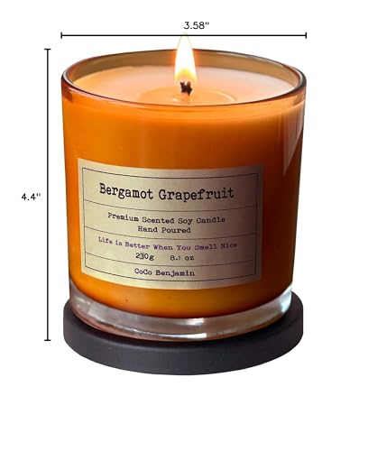 100% Natural Soy Wax Candle by CoCo Benjamin - Highly Scented & Hand-Poured Luxury Candle (Bergamot Grapefruit)- Clean Burning Cotton Wick - style: Bergamot Grapefruit (Cotton Wick)